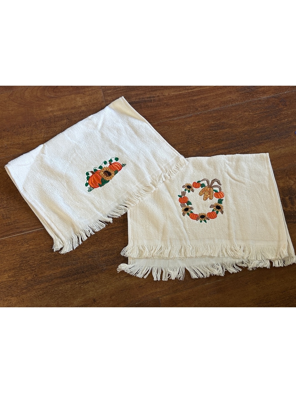 Set of 2 Handmade Fall-Themed Embroidered Hand Towels with Fringe